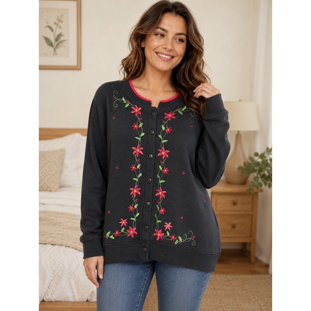 CC Hughes Womens Size 1X Black Embroidered Floral Sweatshirt Cardigan Buttons - Picture 1 of 13